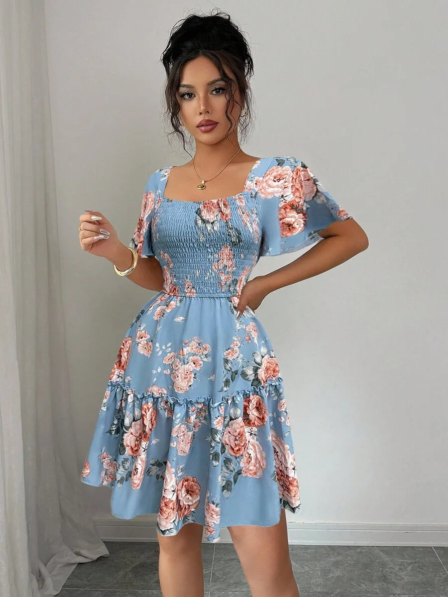 Women's Blue Floral Print Casual Dress - Ruffle Hem Short Sleeve