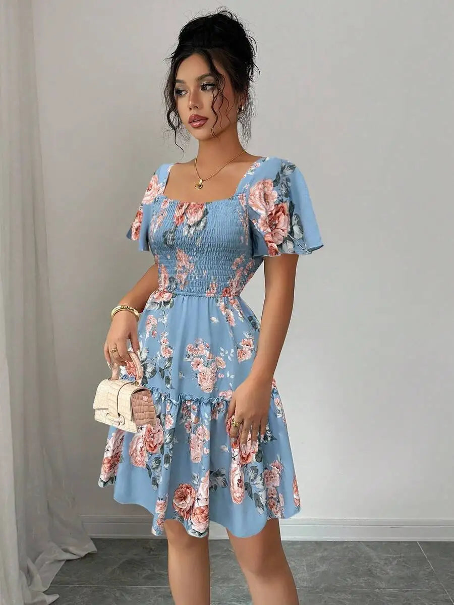 Women's Blue Floral Print Casual Dress - Ruffle Hem Short Sleeve