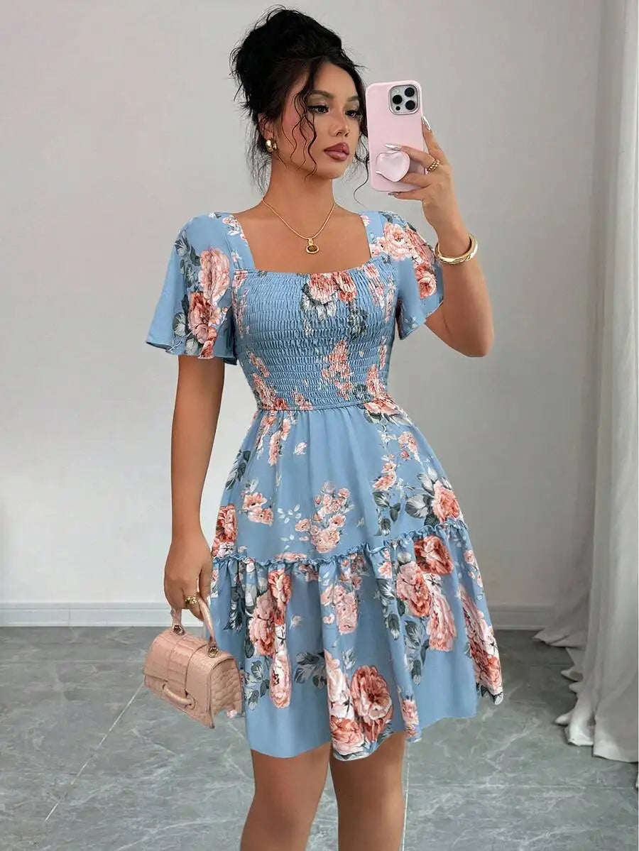 Women's Blue Floral Print Casual Dress - Ruffle Hem Short Sleeve