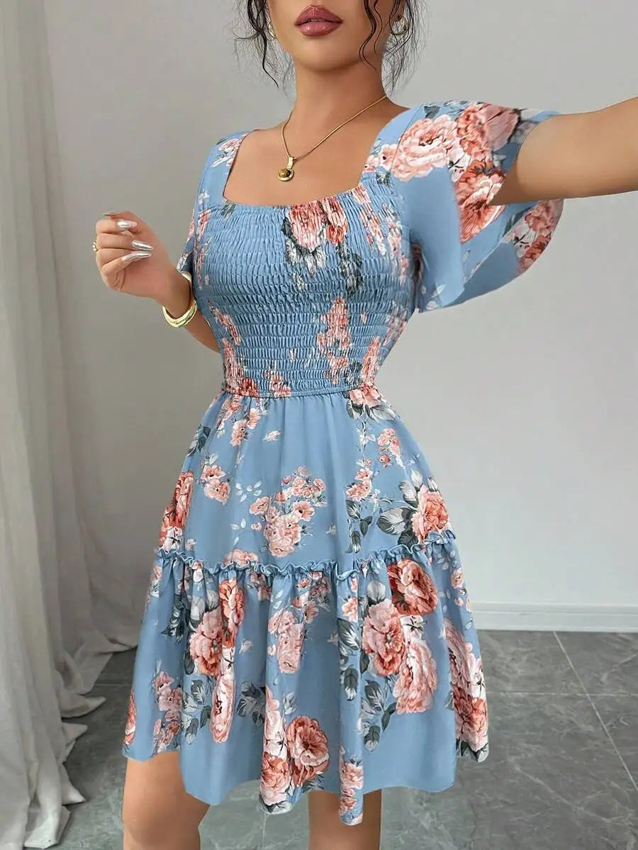 Women's Blue Floral Print Casual Dress - Ruffle Hem Short Sleeve