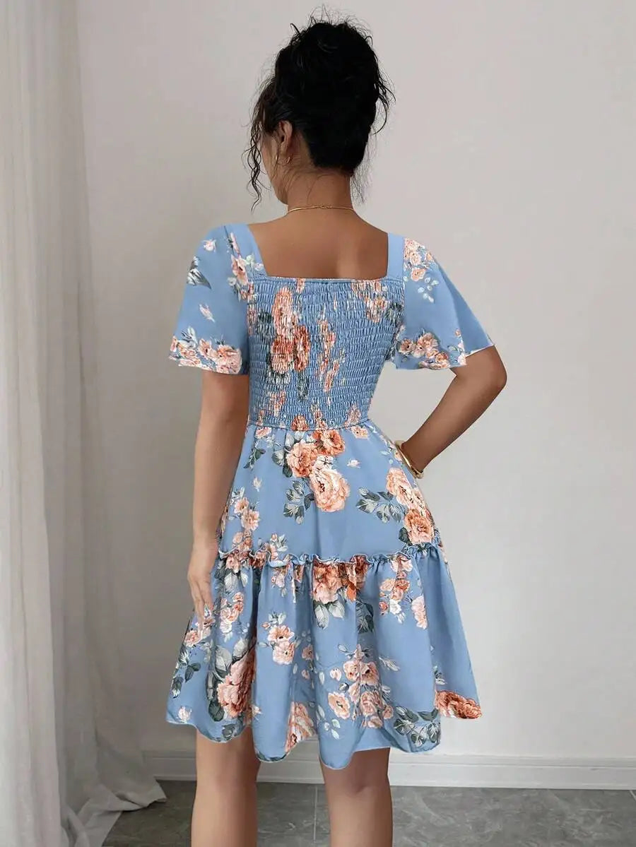 Women's Blue Floral Print Casual Dress - Ruffle Hem Short Sleeve