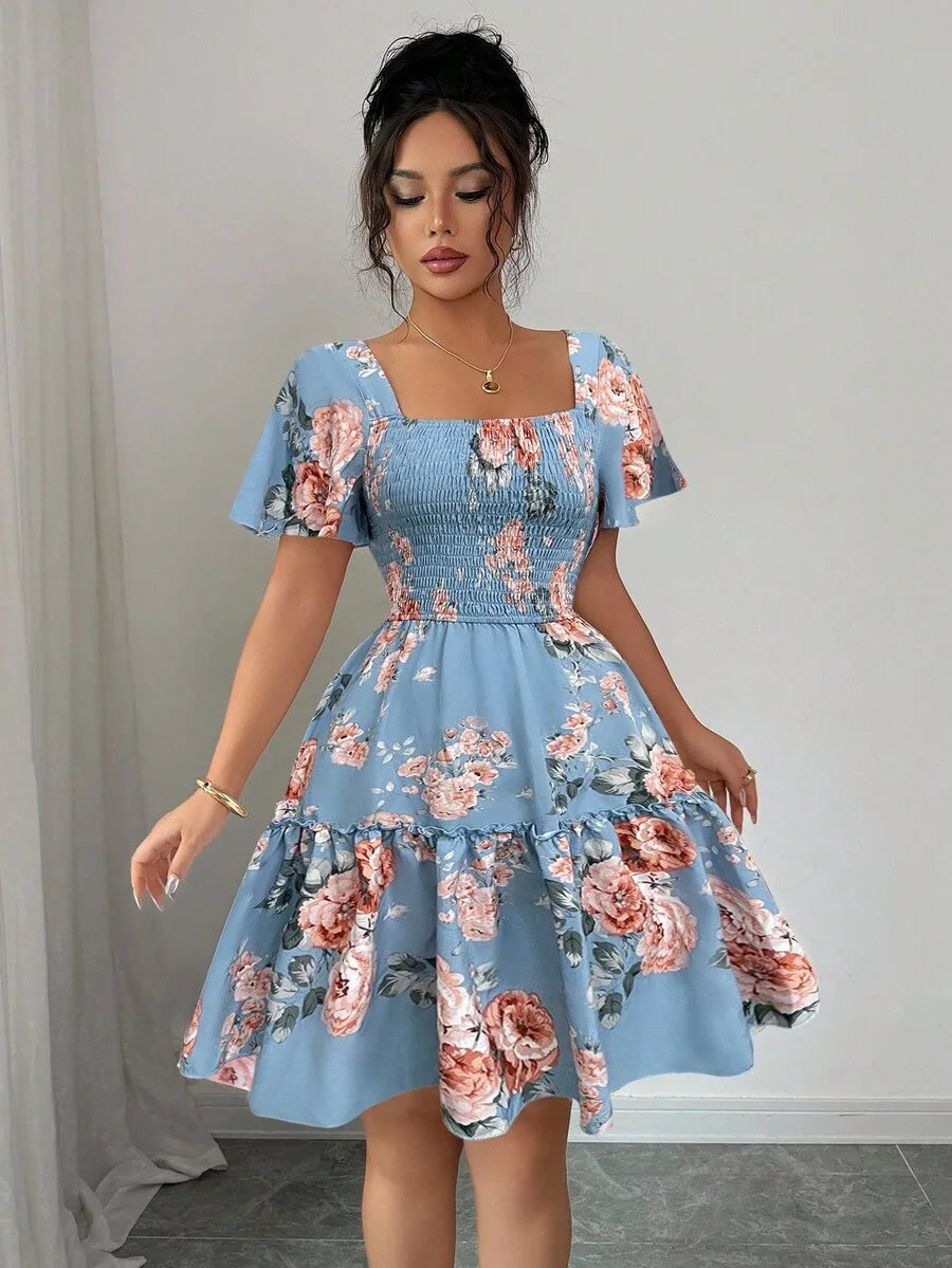 Women's Blue Floral Print Casual Dress - Ruffle Hem Short Sleeve