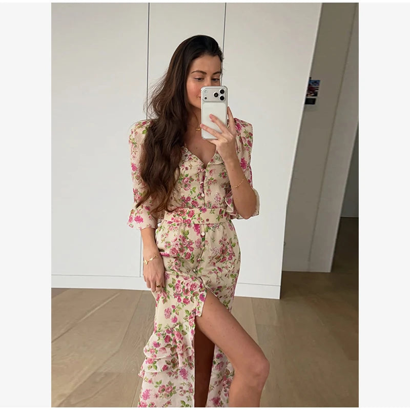 Women's Printed Gathered Swing Midi Dress - Spaghetti Strap High Waist