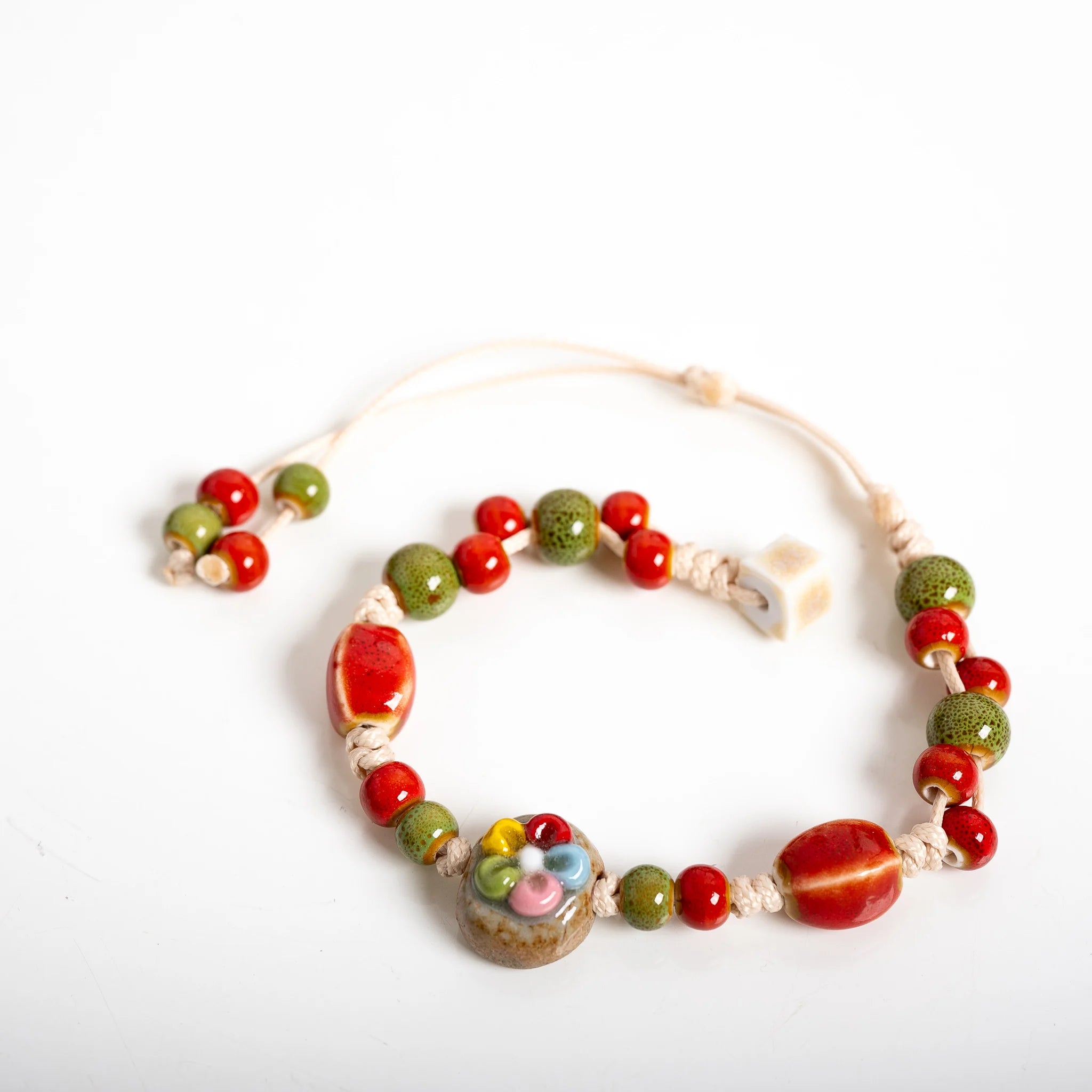 Handmade Floral Stone Ceramic Bracelet – Adjustable Wax Cord Dainty Vintage Jewelry for Women