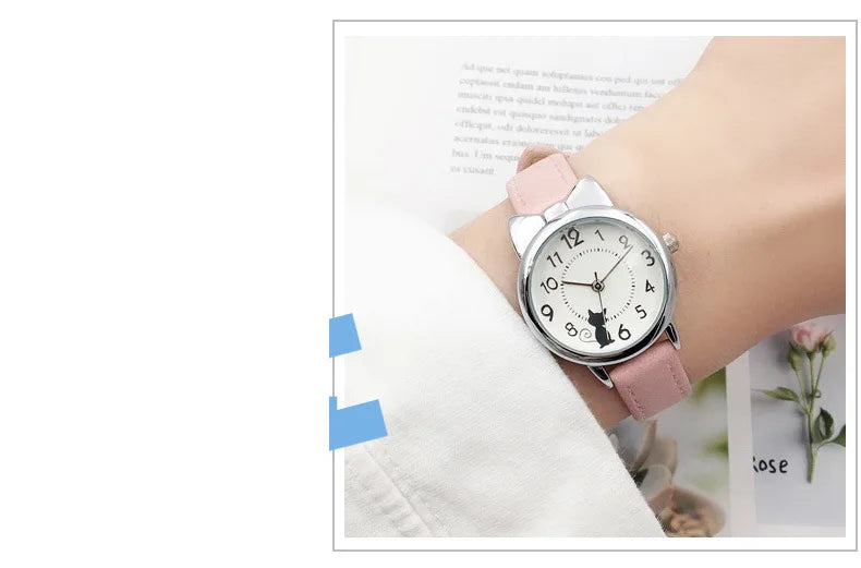 Kids' Cute Cat Cartoon Watch for Girls – Waterproof Quartz