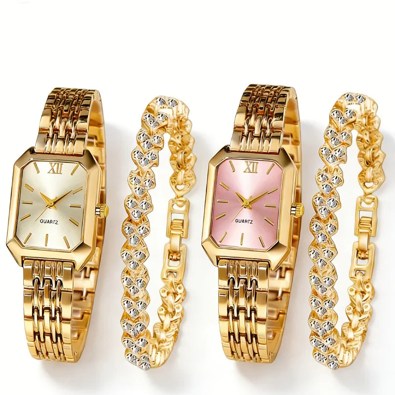 Elegant Rectangle Women's Quartz Watch & Heart Bracelet Set – 4PCS Ladies Wristwatch
