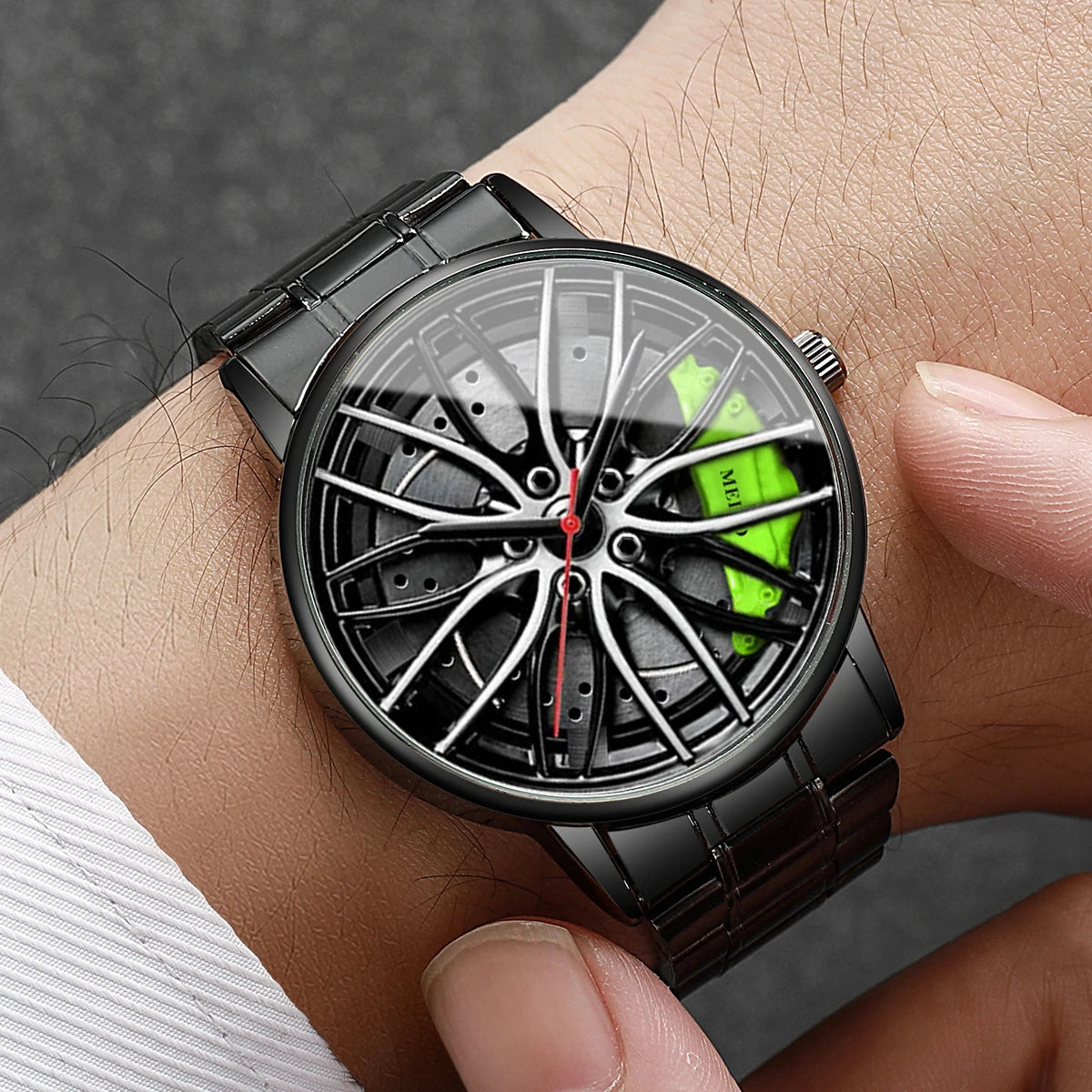Men's Sports 3D Car Wheel Quartz Watch – Stainless Steel Band Wristwatch