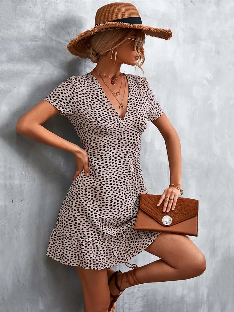 Boho Floral Print V-Neck Mini Dress