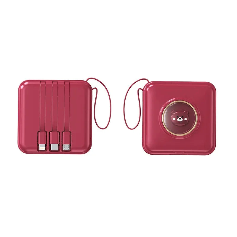 Mini Power Bank 20000mAh – Built-in 4 Cables, Makeup Mirror & Cute Pet Cartoon Design