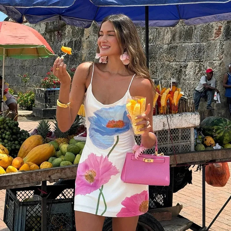 Women's White Printed O-Neck Mini Dress - Summer Streetwear Style