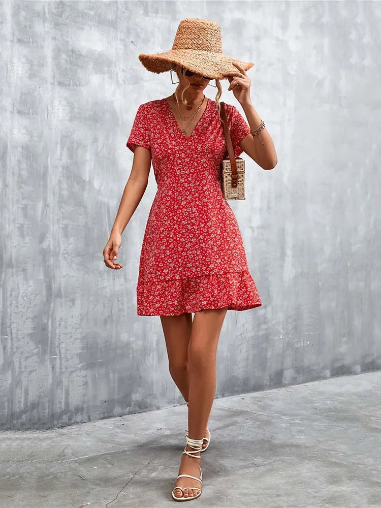 Boho Floral Print V-Neck Mini Dress
