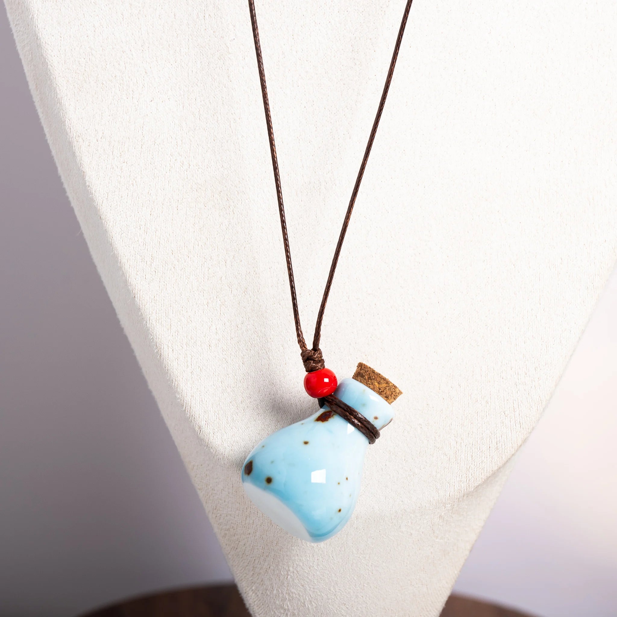 Handmade Ceramic Perfume Bottle Pendant Necklace – Adjustable Wax Cord Aromatherapy Jewelry Gift