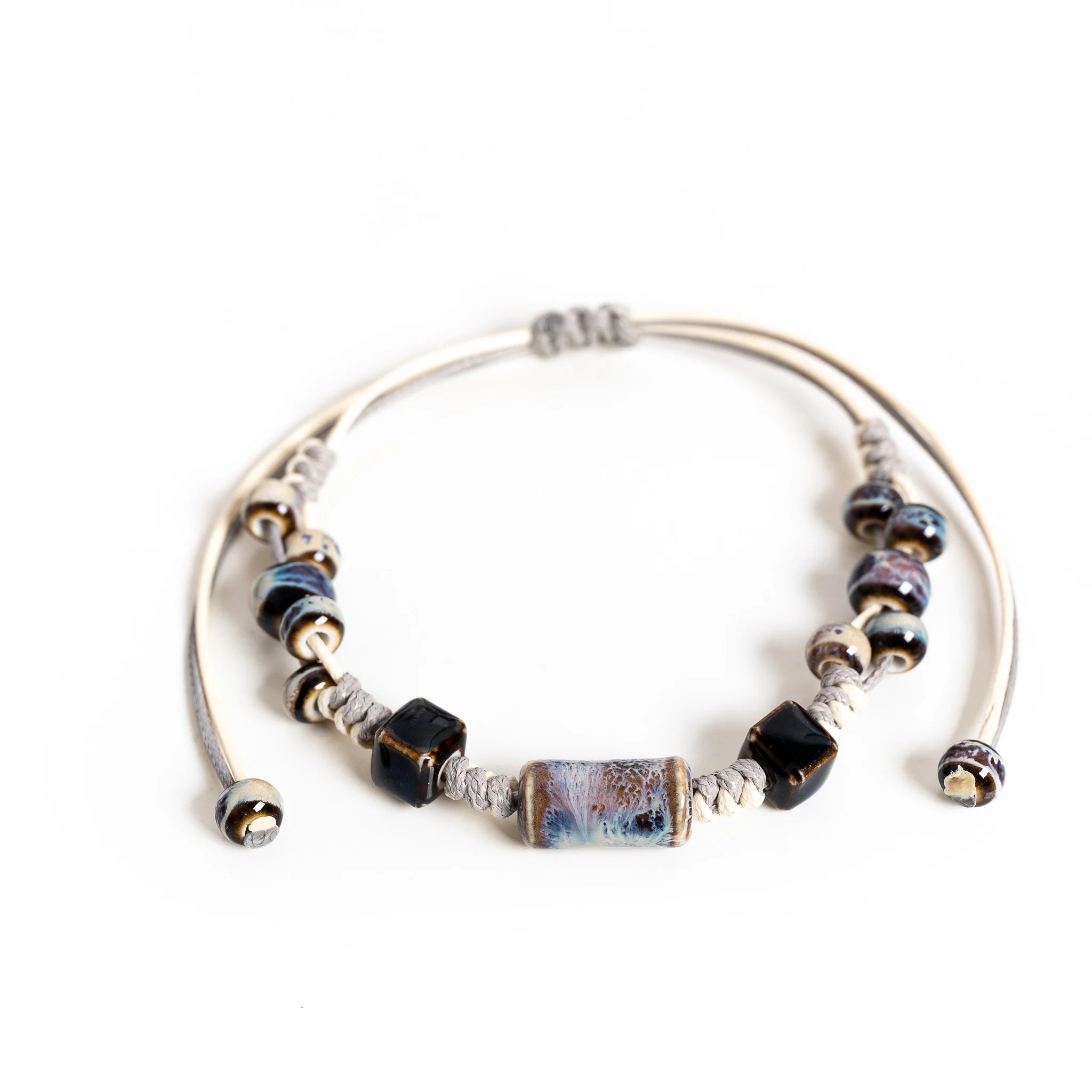Handmade Vintage Tube Ceramic Bracelet – Adjustable Wax Cord Minimal Natural Jewelry