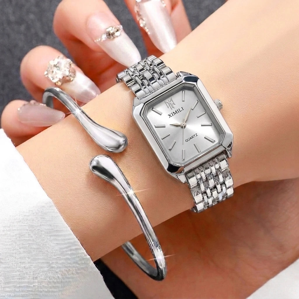 Fashion Rectangle Women's Quartz Watch & Jewelry Set – 6PCS Steel Band Wristwatch