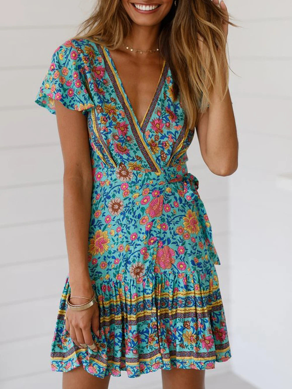 Vintage Chic Fashion Women Hippie Floral Print V-neck