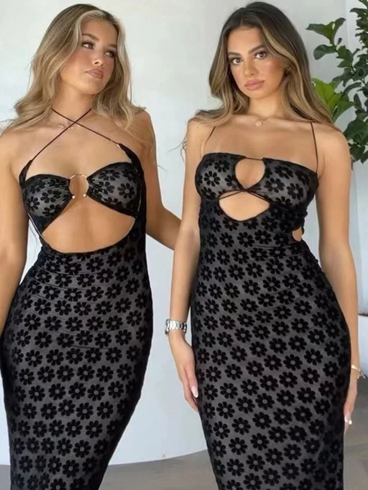 Hollow Halter Neck See-Through Maxi Dress