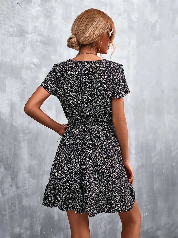 Boho Floral Print V-Neck Mini Dress