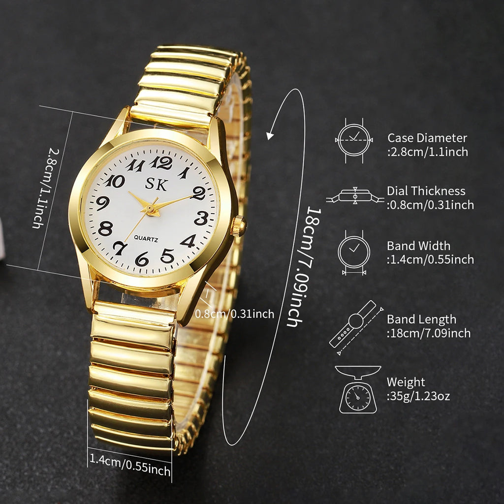 Elegant Elastic Strap Women's Quartz Watch – Small Arabic Dial Ladies Wristwatch Set