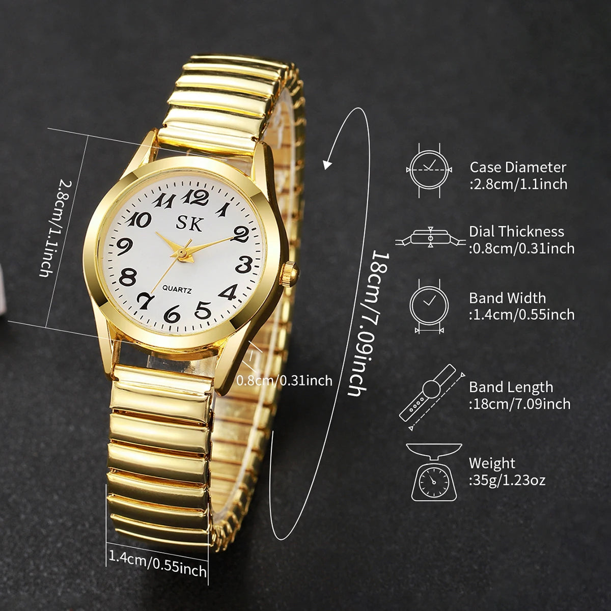 Elegant Elastic Strap Women's Quartz Watch – Small Arabic Dial Ladies Wristwatch Set