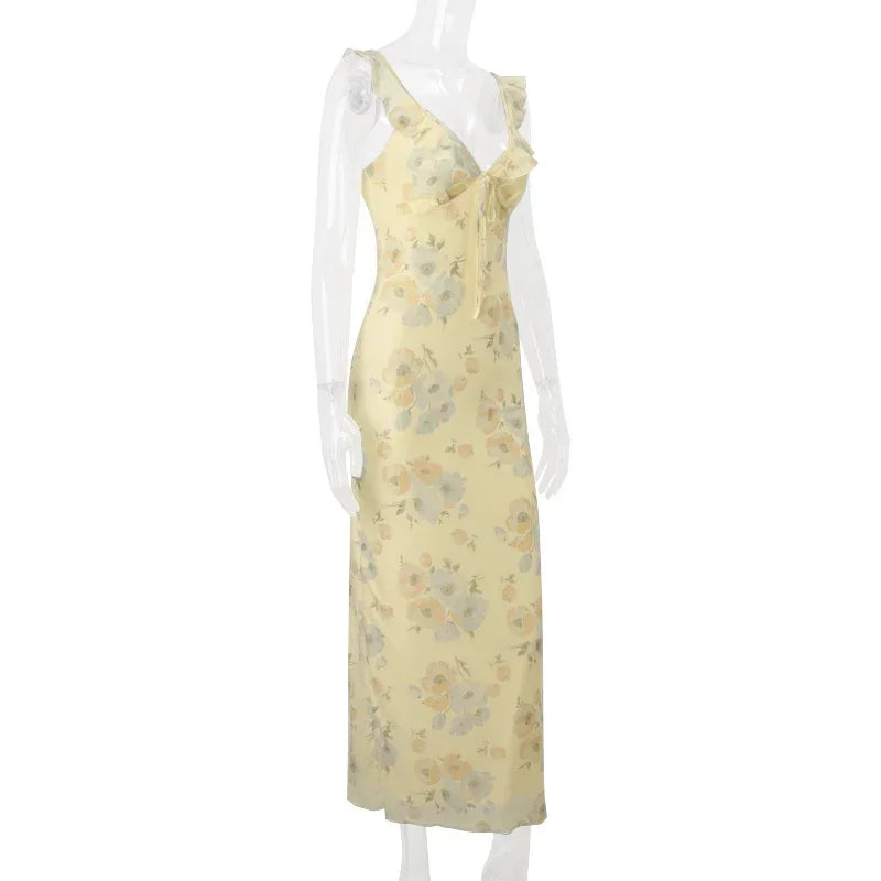 Women's Retro V-Neck Yellow Flower Print Maxi Dress - Sleeveless High Waist Long Dress