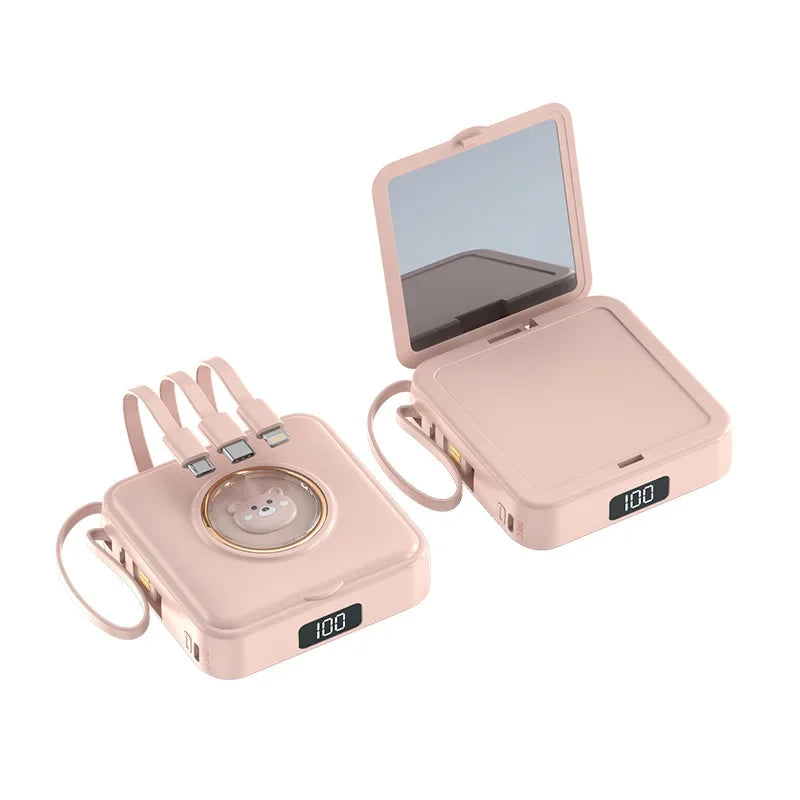Mini Power Bank 20000mAh – Built-in 4 Cables, Makeup Mirror & Cute Pet Cartoon Design