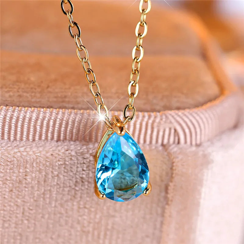 Luxury Blue Water Drop Stone Pendant Necklace for Women,