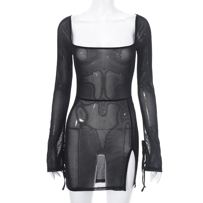 Square Collar Sheer Long Sleeve Mini Dress