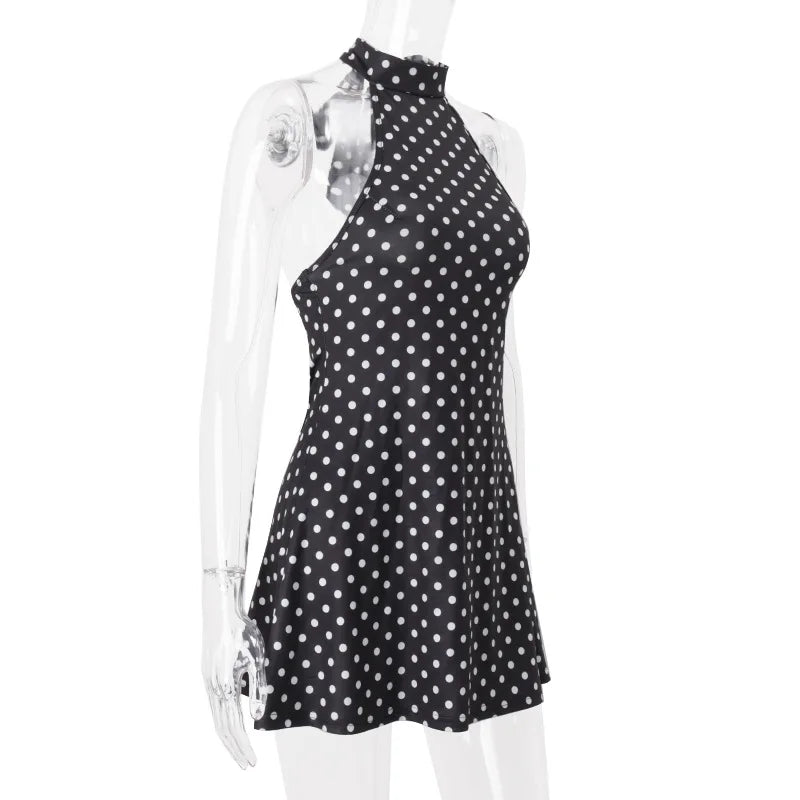 Polka Dot Off Shoulder Backless Halter Mini Dress