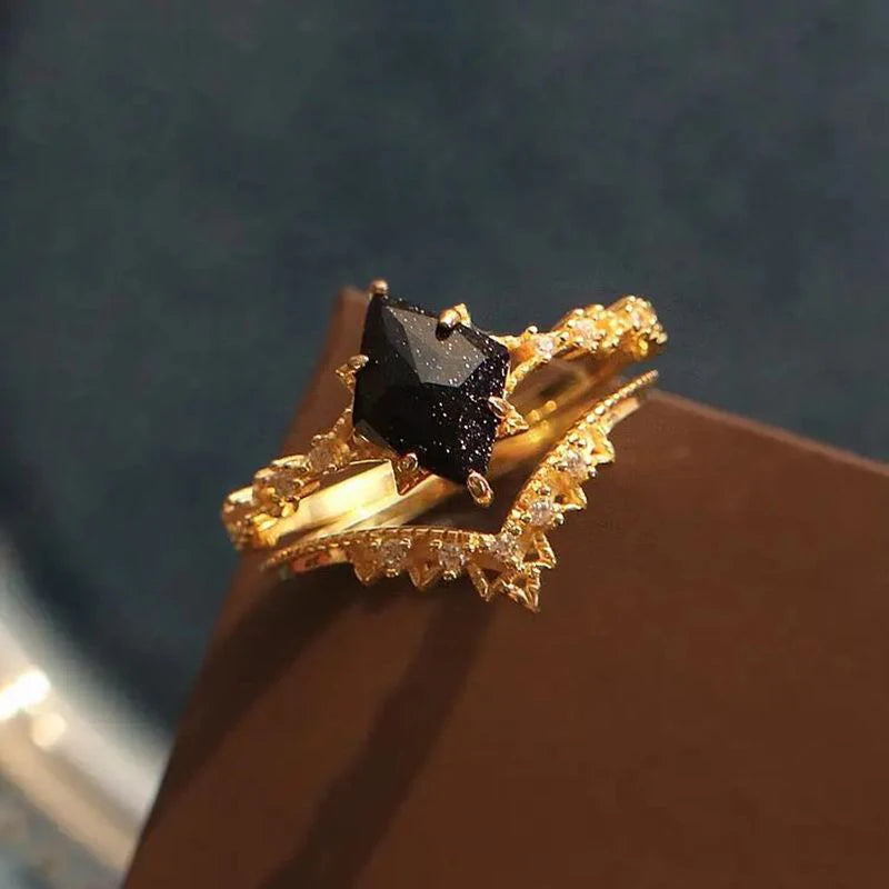 Silver Rhombus Black Crystal Ring – Elegant Geometric Statement Ring