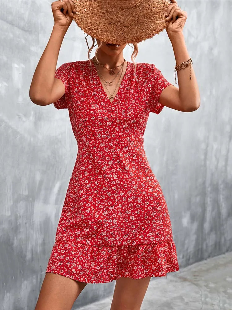 Boho Floral Print V-Neck Mini Dress
