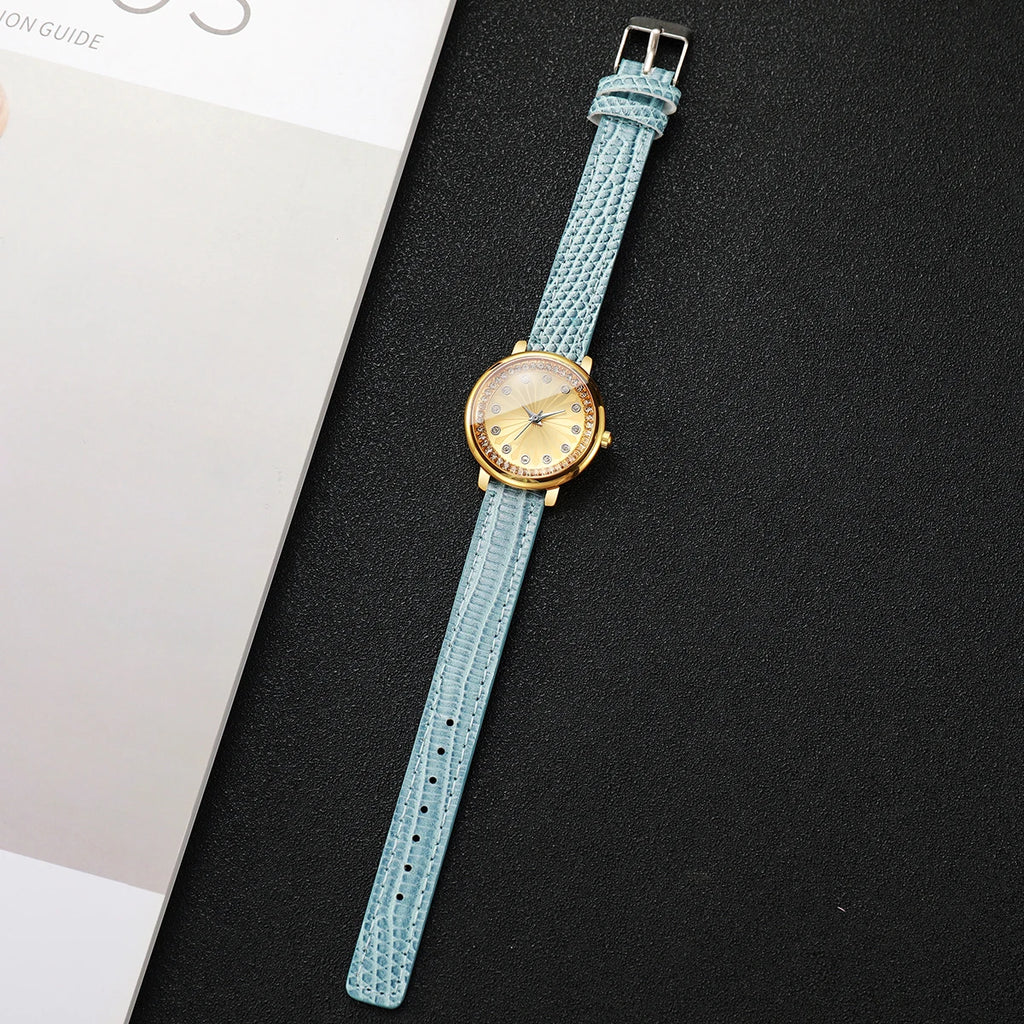 Elegant Women's Rhinestone Quartz Watch – Blue Leather Strap Ladies Wristwatch