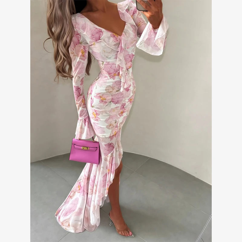 Women's Printed Gathered Swing Midi Dress - Spaghetti Strap High Waist