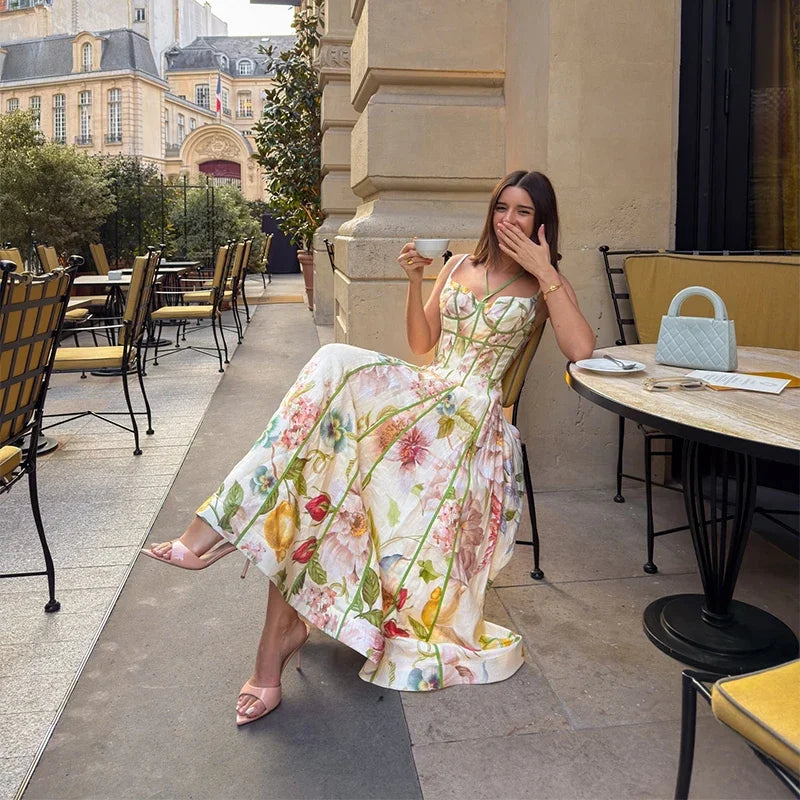 Women's Printed Sleeveless Sling Halter Maxi Dress - Waist Cinching A-line Style