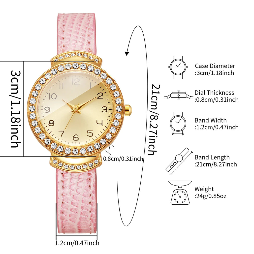Fashion Rhinestone Women's Quartz Watch – Pink Leather Strap Ladies Wristwatch