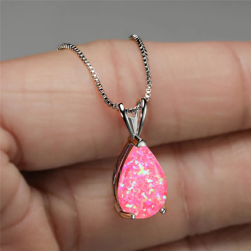 Boho Opal Teardrop Necklace – Silver, Blue-Green