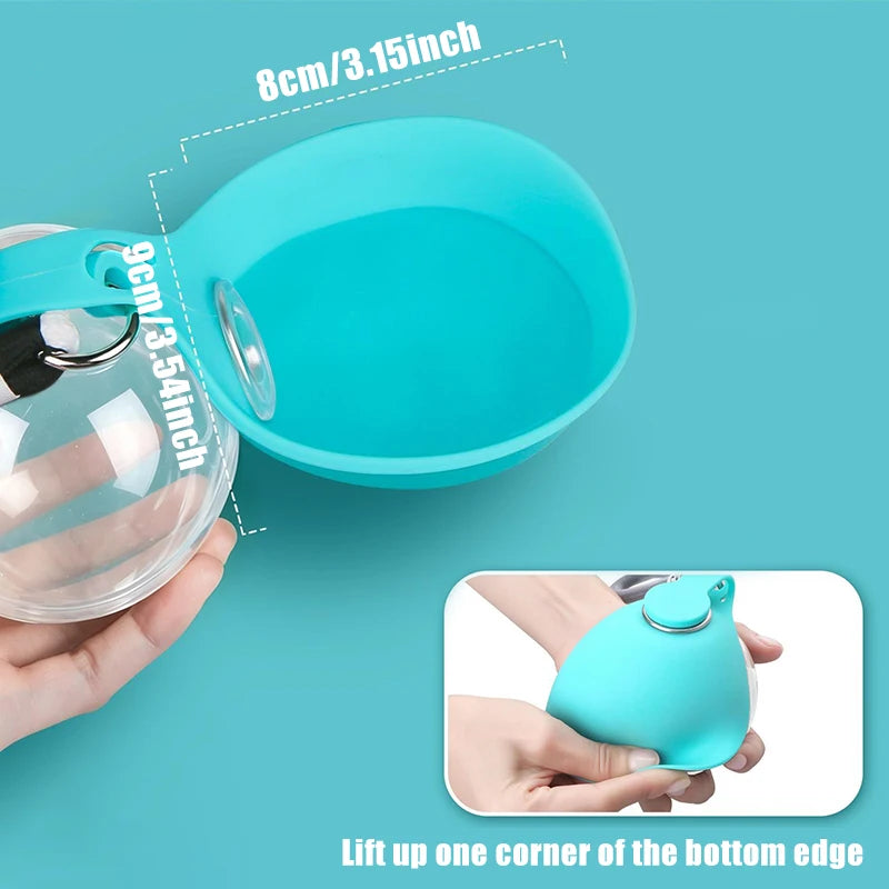 Stainless steel pet water bottle with pink and blue foldable bowls for outdoor preparation,