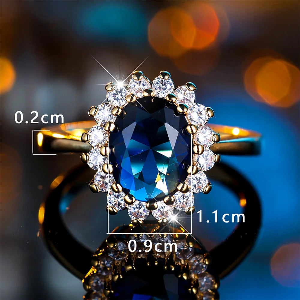 Luxury Crystal Blue Oval Zircon Engagement Ring for Women