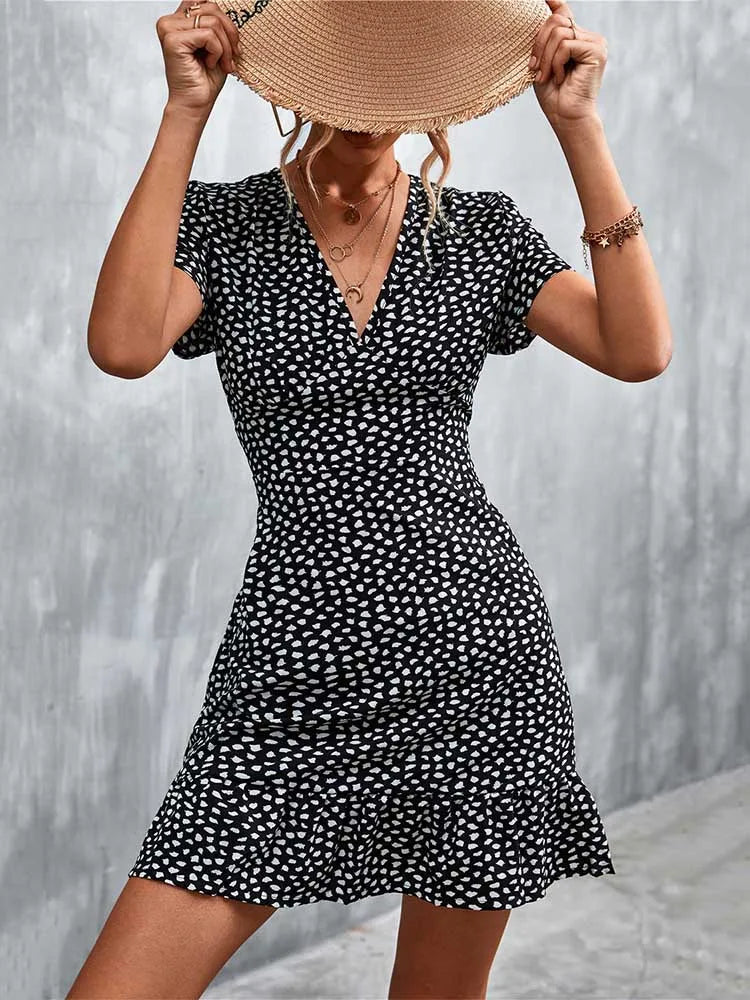 Boho Floral Print V-Neck Mini Dress