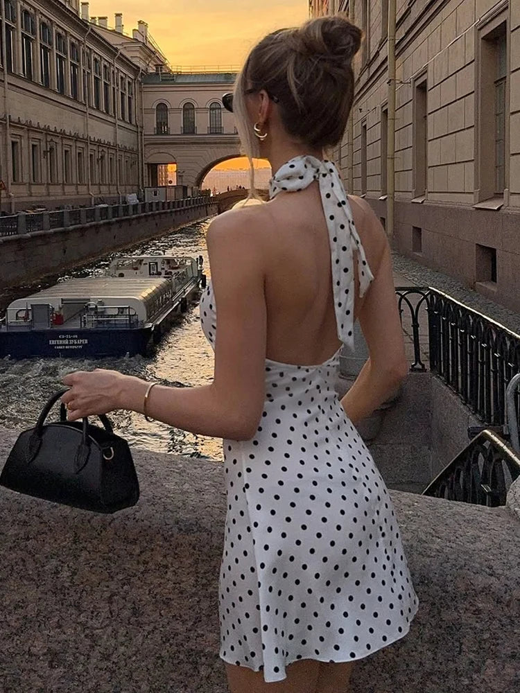 Polka Dot Off Shoulder Backless Halter Mini Dress