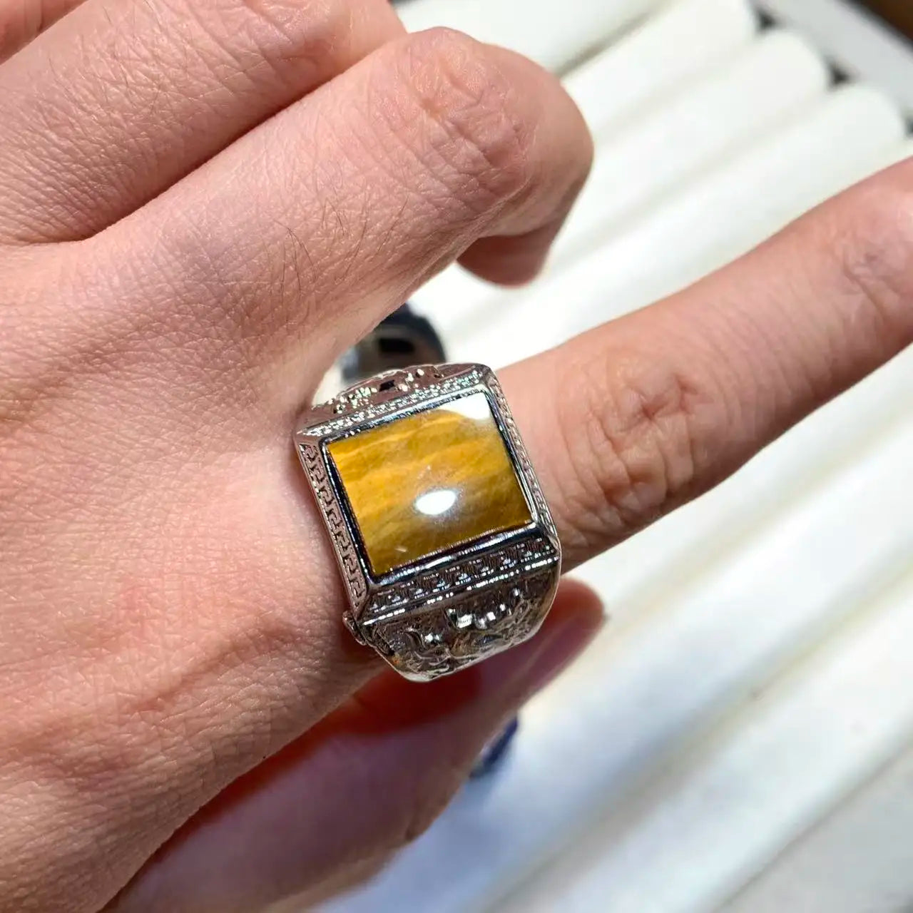 Natural Lapis & Tiger's Eye Ring – Adjustable Vintage Gemstone Ring for Men & Women