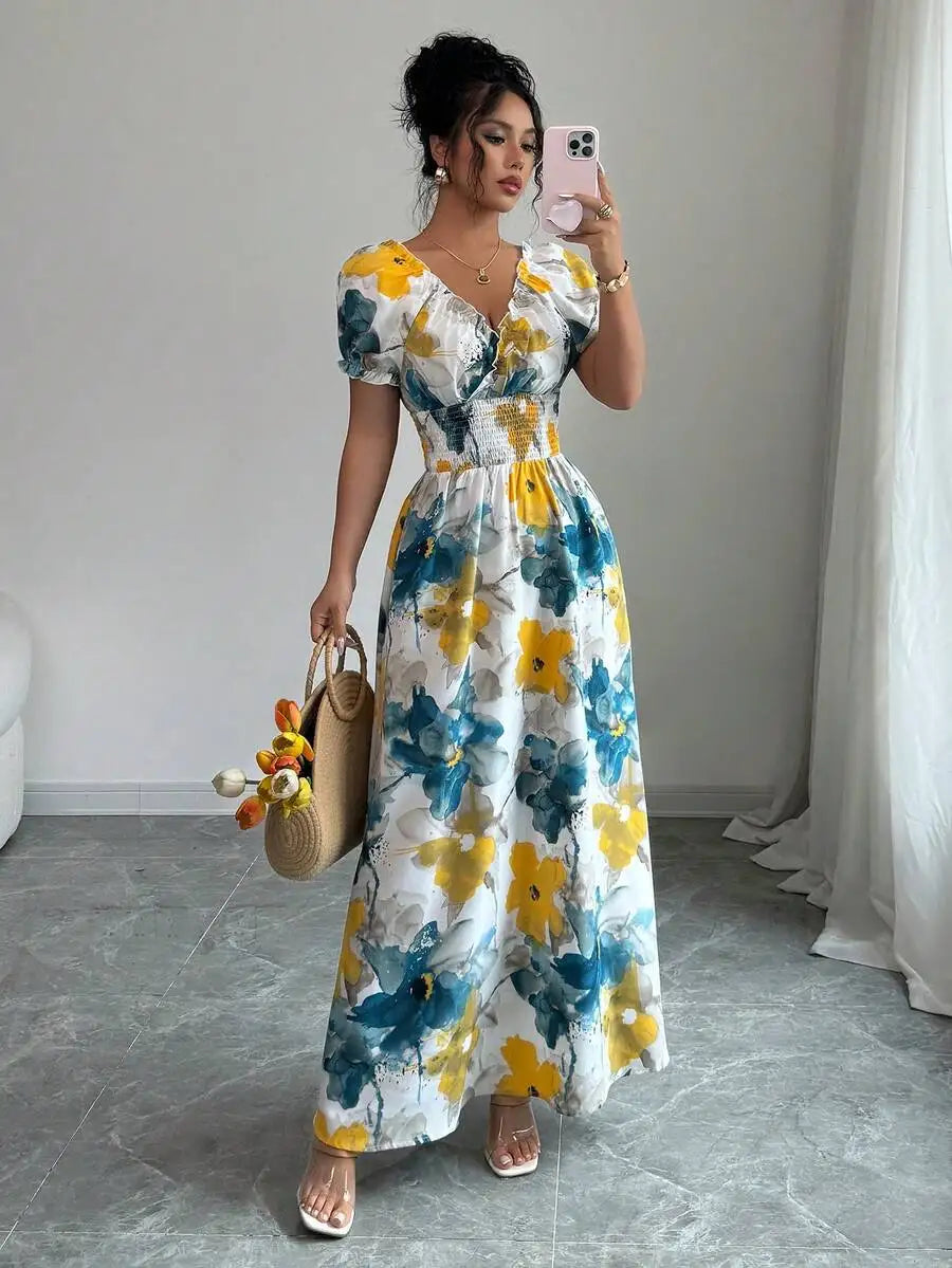 Women's V Neck Shirred Maxi Dress - Big Floral Print Ankle Length