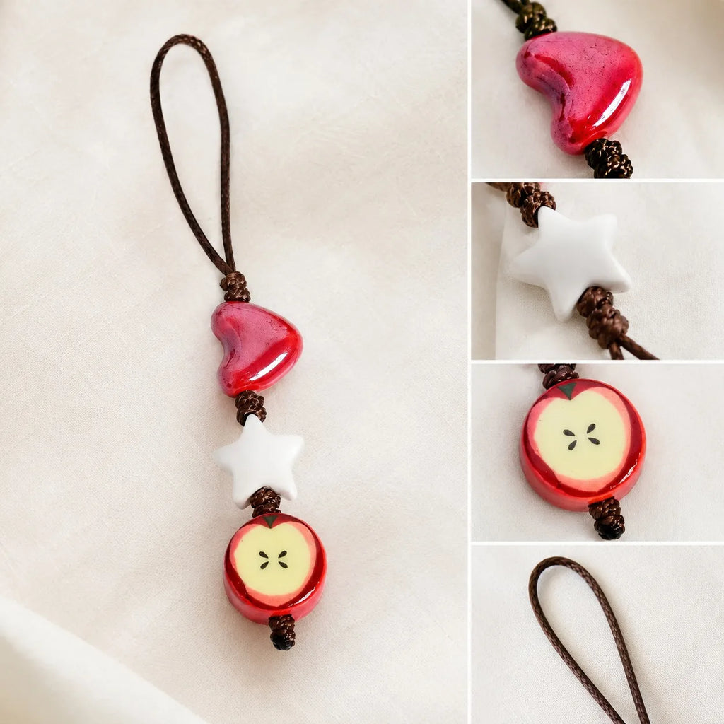 Handmade Ceramic Heart Star Apple Bag Charm – Braided Wax Cord Everyday Accessory