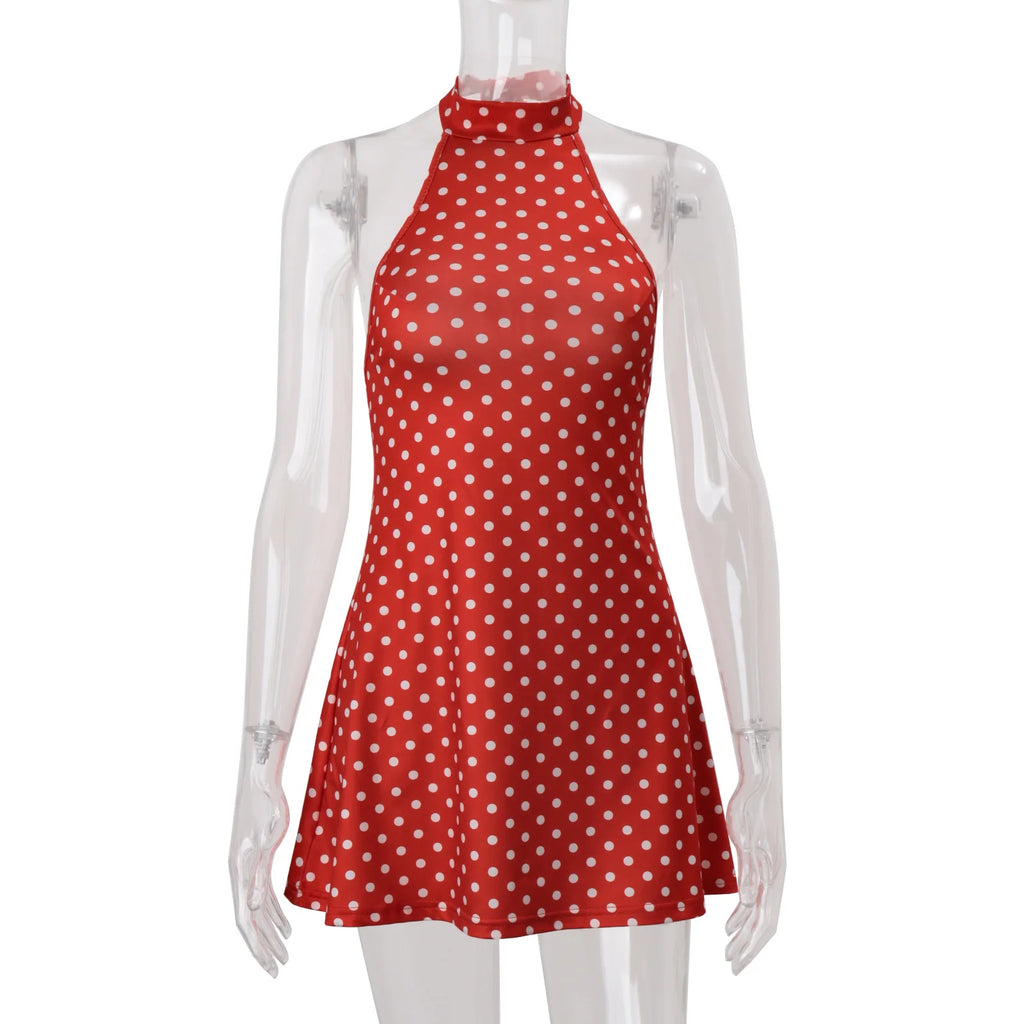 Polka Dot Off Shoulder Backless Halter Mini Dress