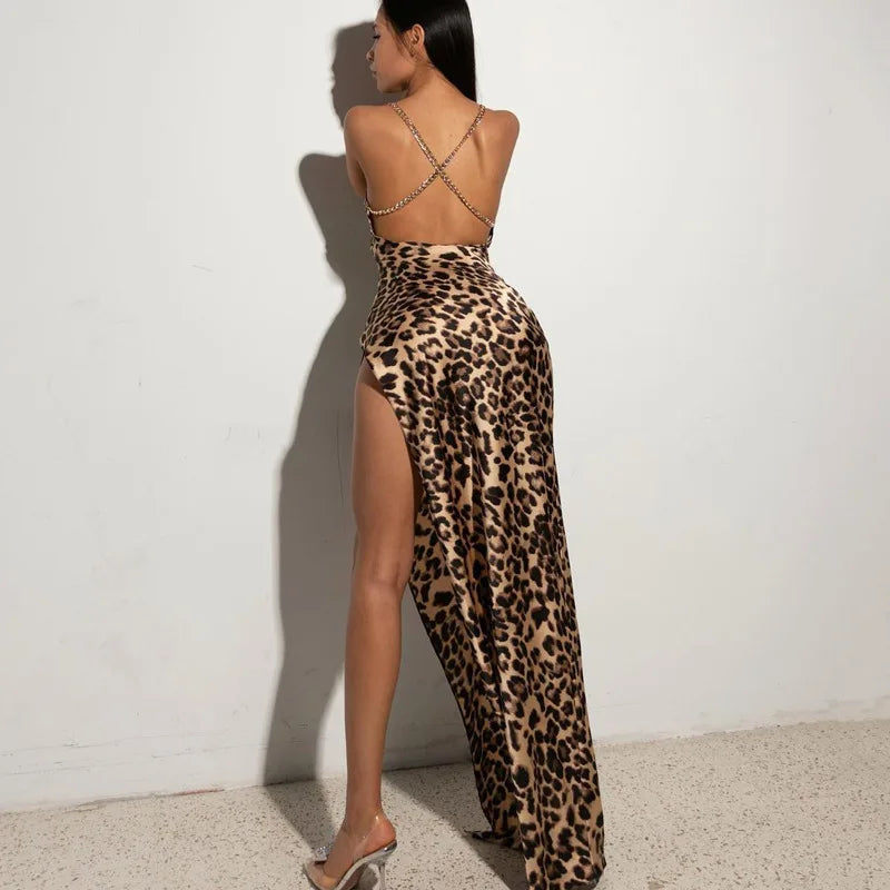 Leopard Print Chain Strap Maxi Dress