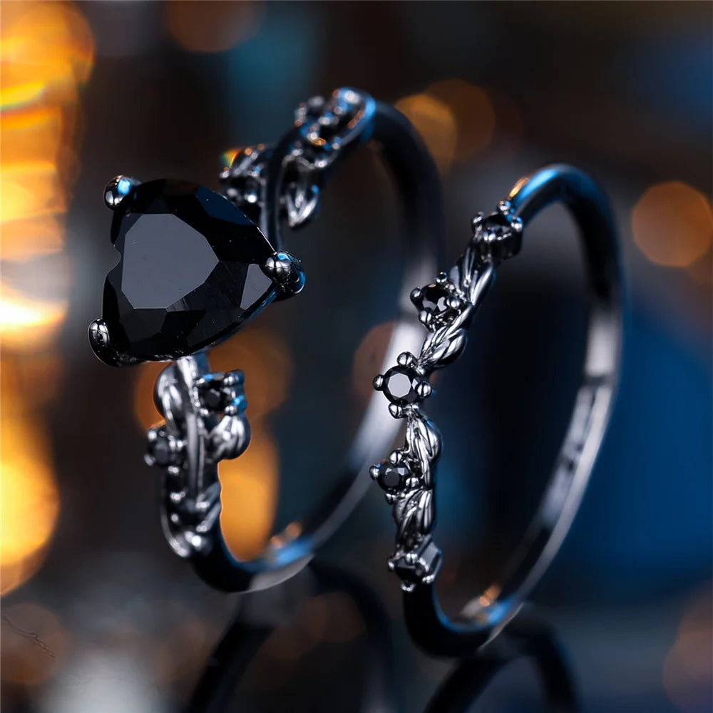 Black Red Zircon Heart Engagement Ring Set for Women, Vintage Black Gold Color, Bridal Wedding Bands