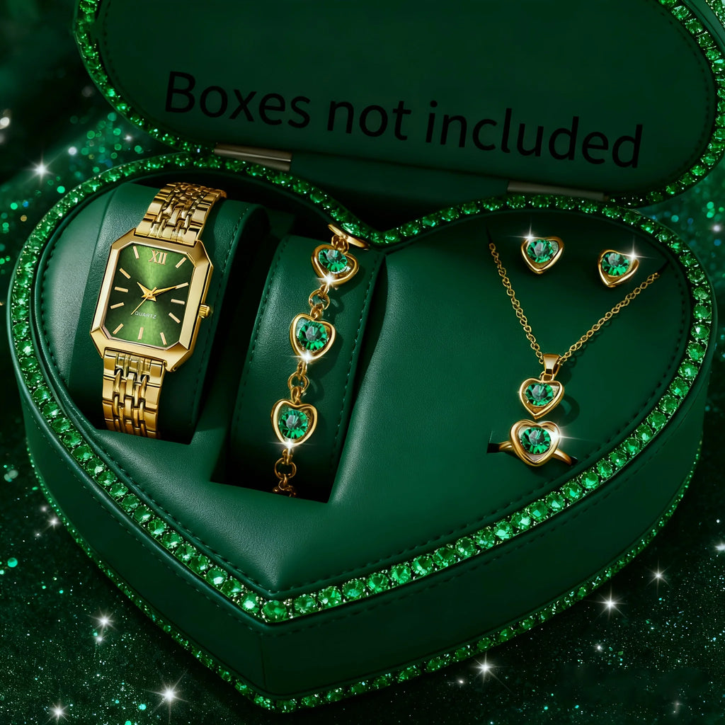 Elegant Rectangle Women's Quartz Watch & Rhinestone Jewelry Set – 6PCS Ladies Wristwatch