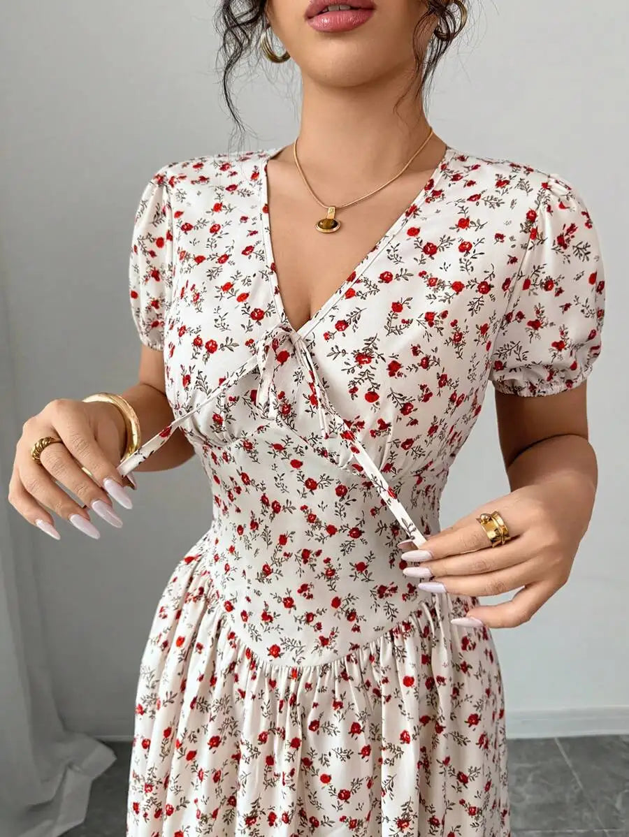 Women's Ditsy Floral Maxi Dress - Puff Sleeve Elastic Waist