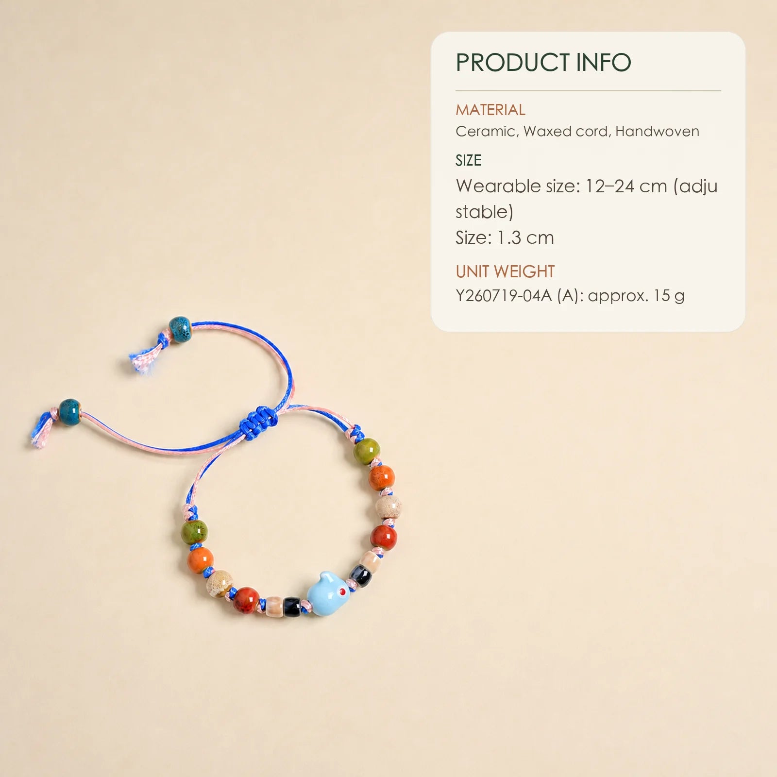 Handmade Blue Rabbit Ceramic Bracelet – Adjustable Woven Wax Cord Bunny Charm Jewelry