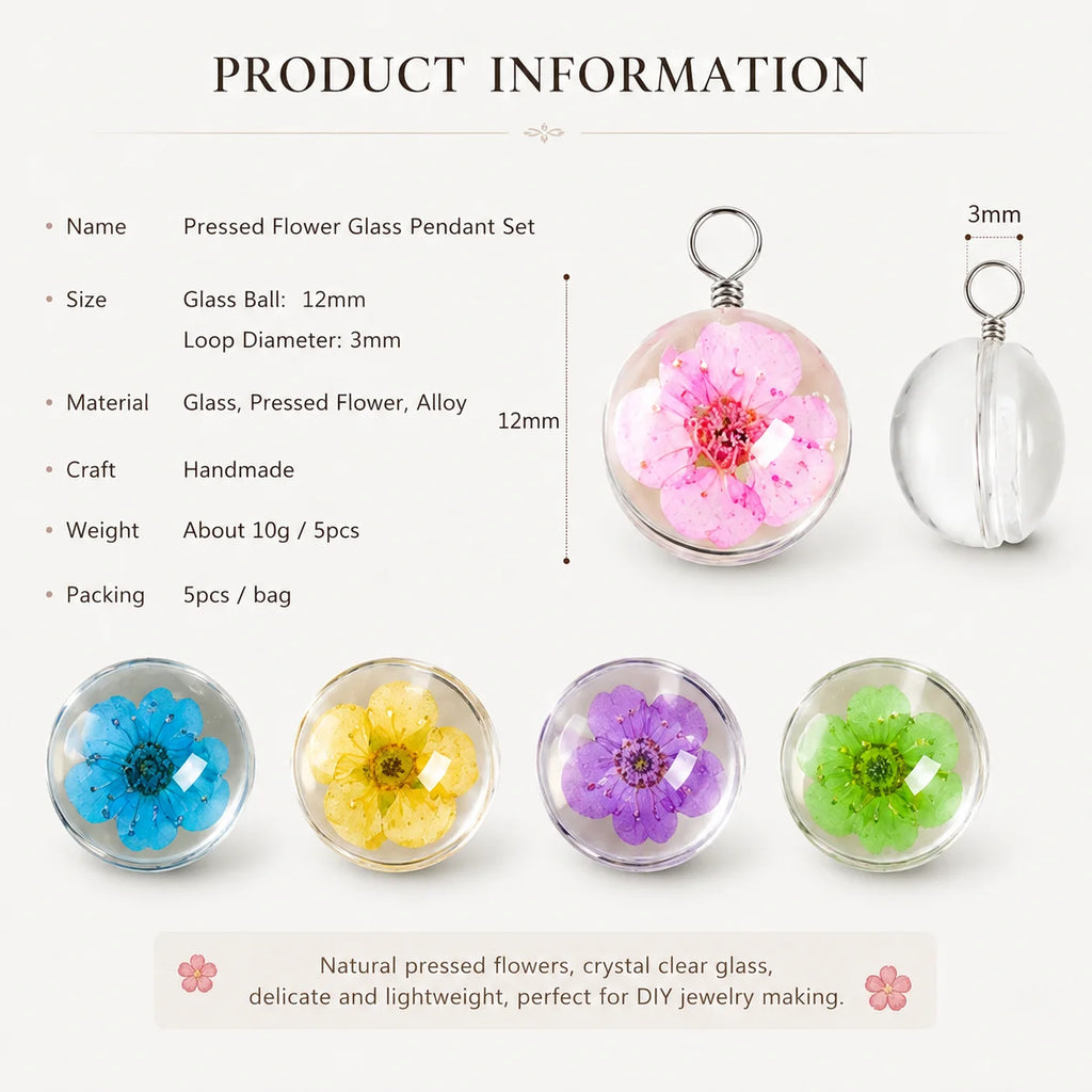 Handmade Pressed Flower Glass Charm Pendant – 12MM Mini Floral Dangle for DIY Jewelry
