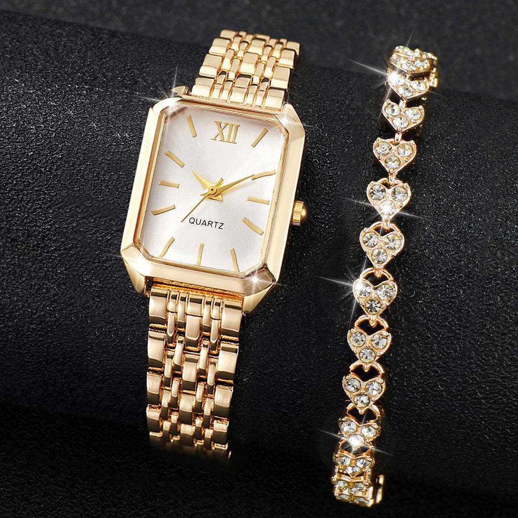 Fashion Rectangle Women's Quartz Watch & Rhinestone Bracelet Set – 2PCS Roma Dial Wristwatch
